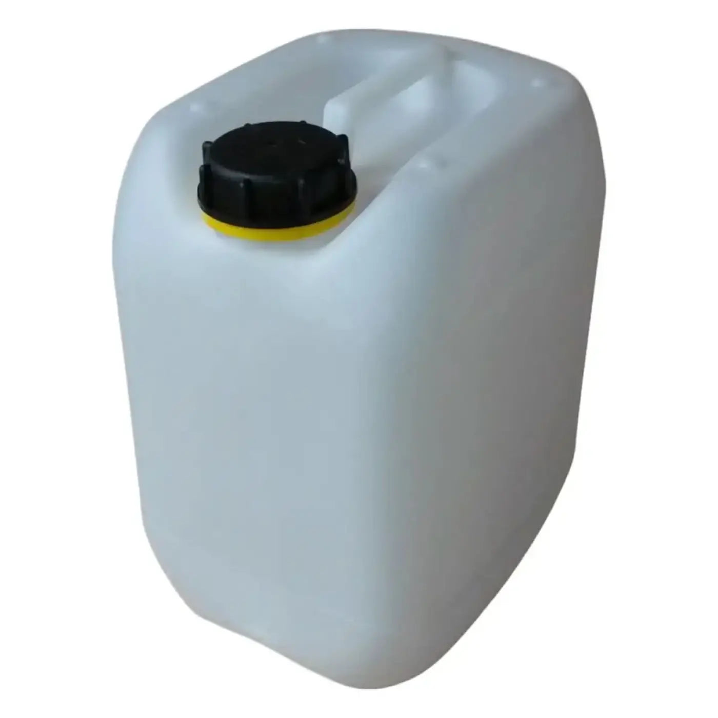 Weißer 10 liter kanister aus hdpe kunststoff mit schwarzem deckel und gelbem rand für vielseitigen gebrauch