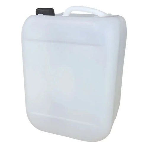 Weißer plastikkanister 20 liter mit schwarzem verschluss und weißem griff aus hdpe material din61 standard