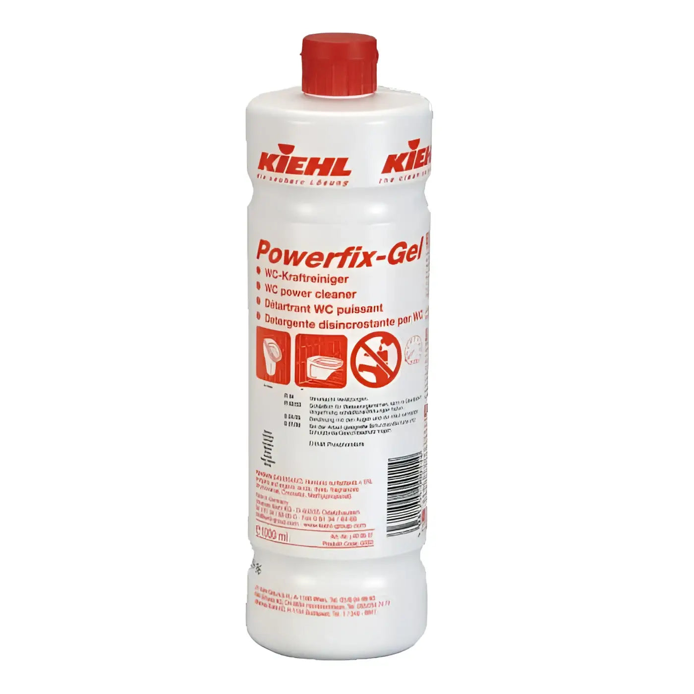 Weiße kunststoffflasche mit rotem deckel und etikett des kiehl powerfix-gel 1l wc-kraftreinigers im 2er set mit microfasertuch