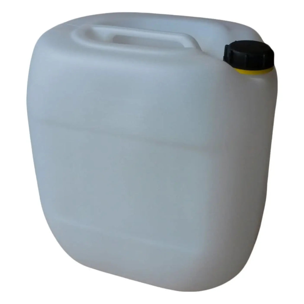 Weißer kunststoff kanister 30 liter din61 hdpe mit schwarzem verschluss und gelbem rand