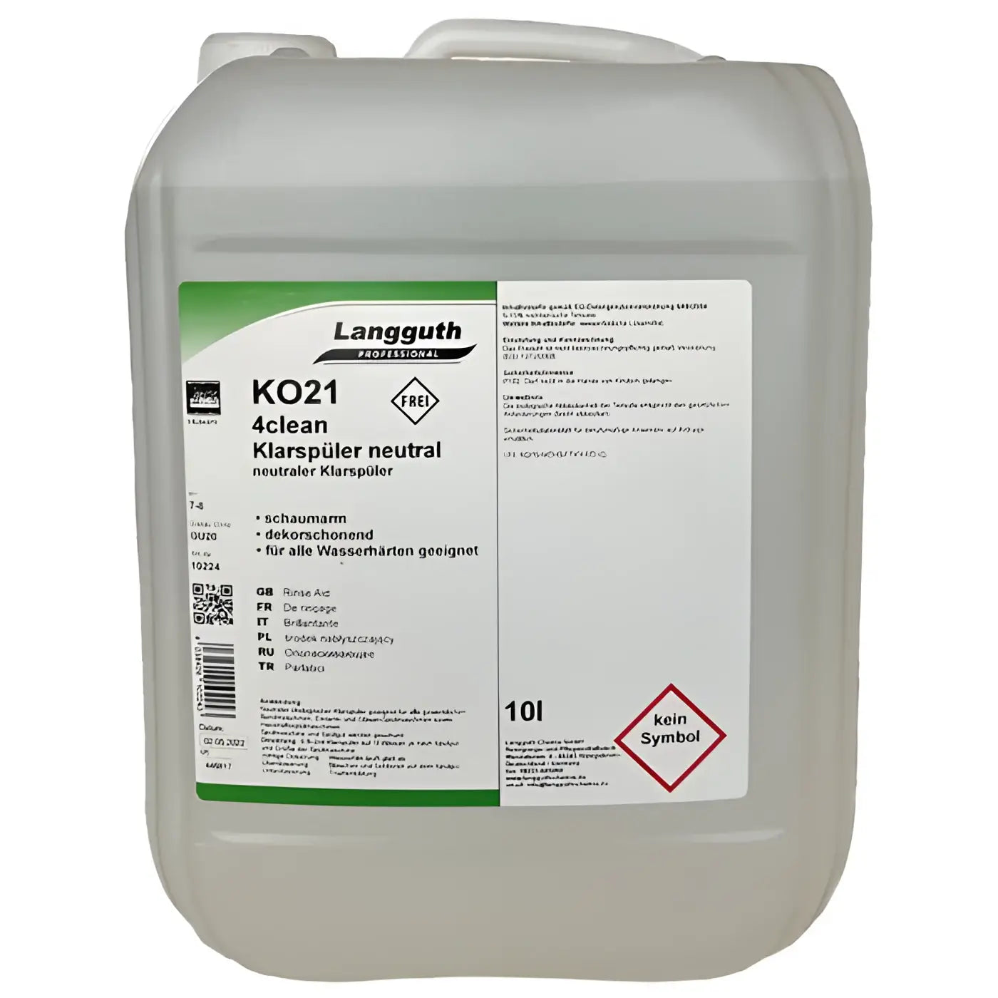Weißer undurchsichtiger kunststoffbehälter 10l mit grün-weißem langguth label für 4clean KO21 klarspüler neutral