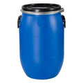 60 liter weithalsfass kunststofffass blau mit schwarzem deckel und metallspannringen