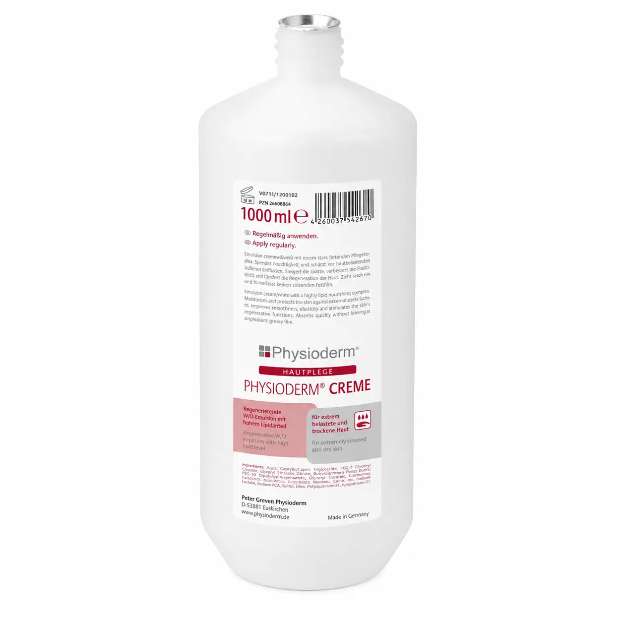 Physioderm® Creme Hautpflegecreme für Hände & Gesicht 1 Liter Rundflasche