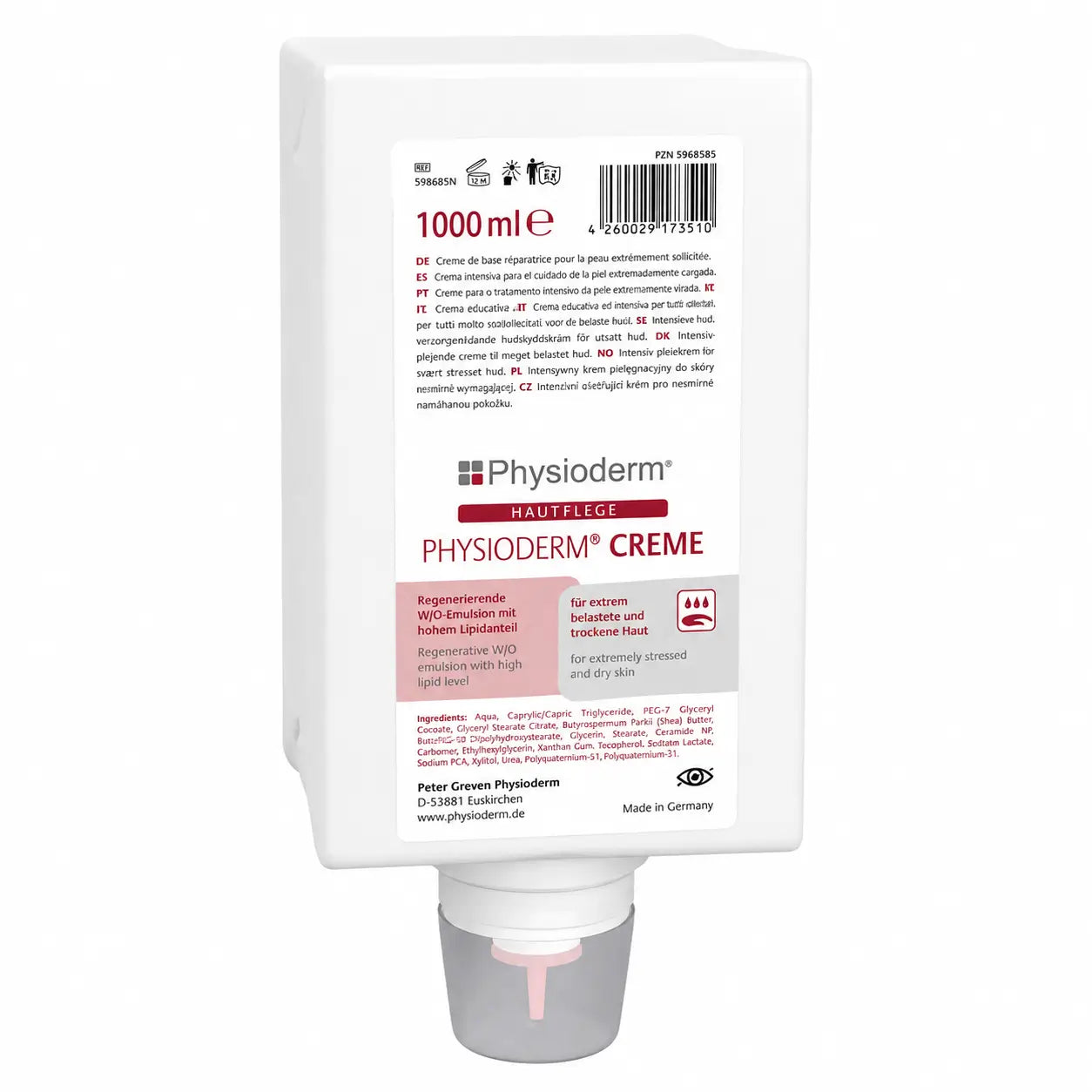Physioderm® Creme Hautpflegecreme für Hände & Gesicht 1 Liter Varioflasche