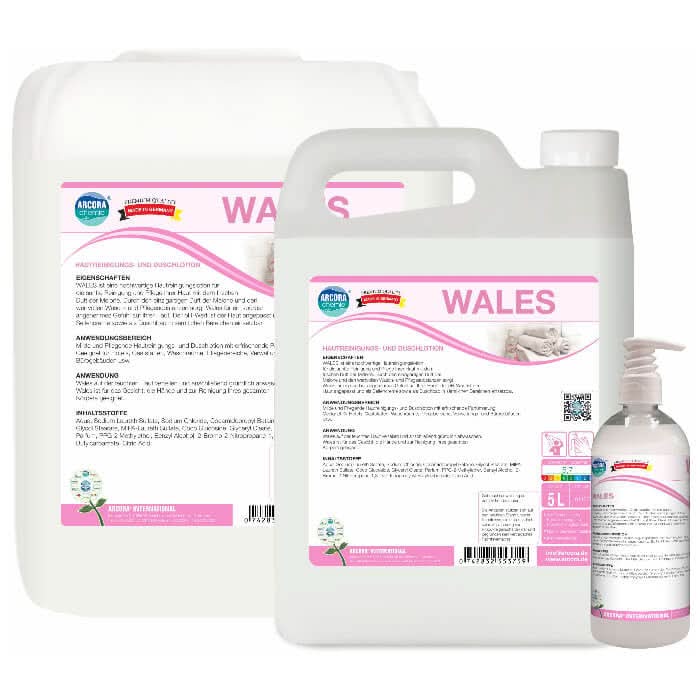 Arcora wales hautreinigungs- und duschlotion 10l in pink-weißen kunststoffkanistern mit pumpenspender im vordergrund