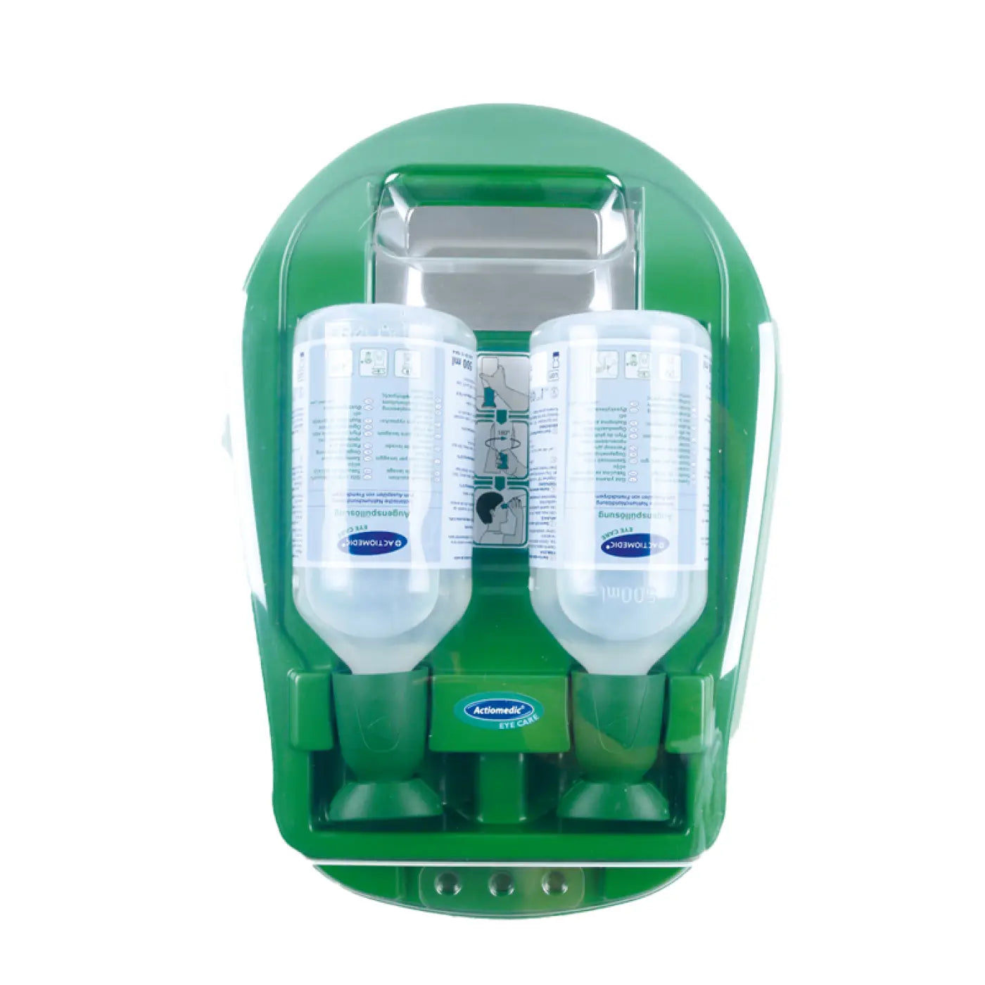 Grüne kunststoff augenspülstation eye care medidrop mit zwei transparenten beschrifteten flaschen zur notfallspülung