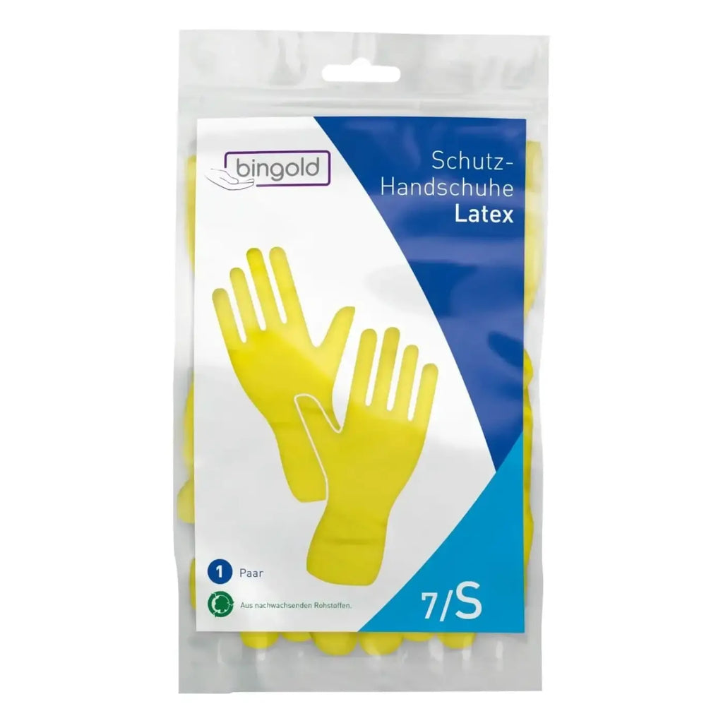 Binkgold latex schutzhandschuhe gelb ein paar in klarer plastikverpackung mit blau weißem branding