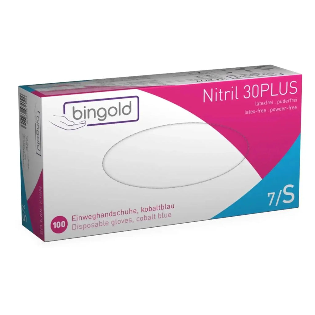 Eine packung bingold nitril 30plus einweghandschuhe kobaltblau puderfrei latexfrei 100 stück