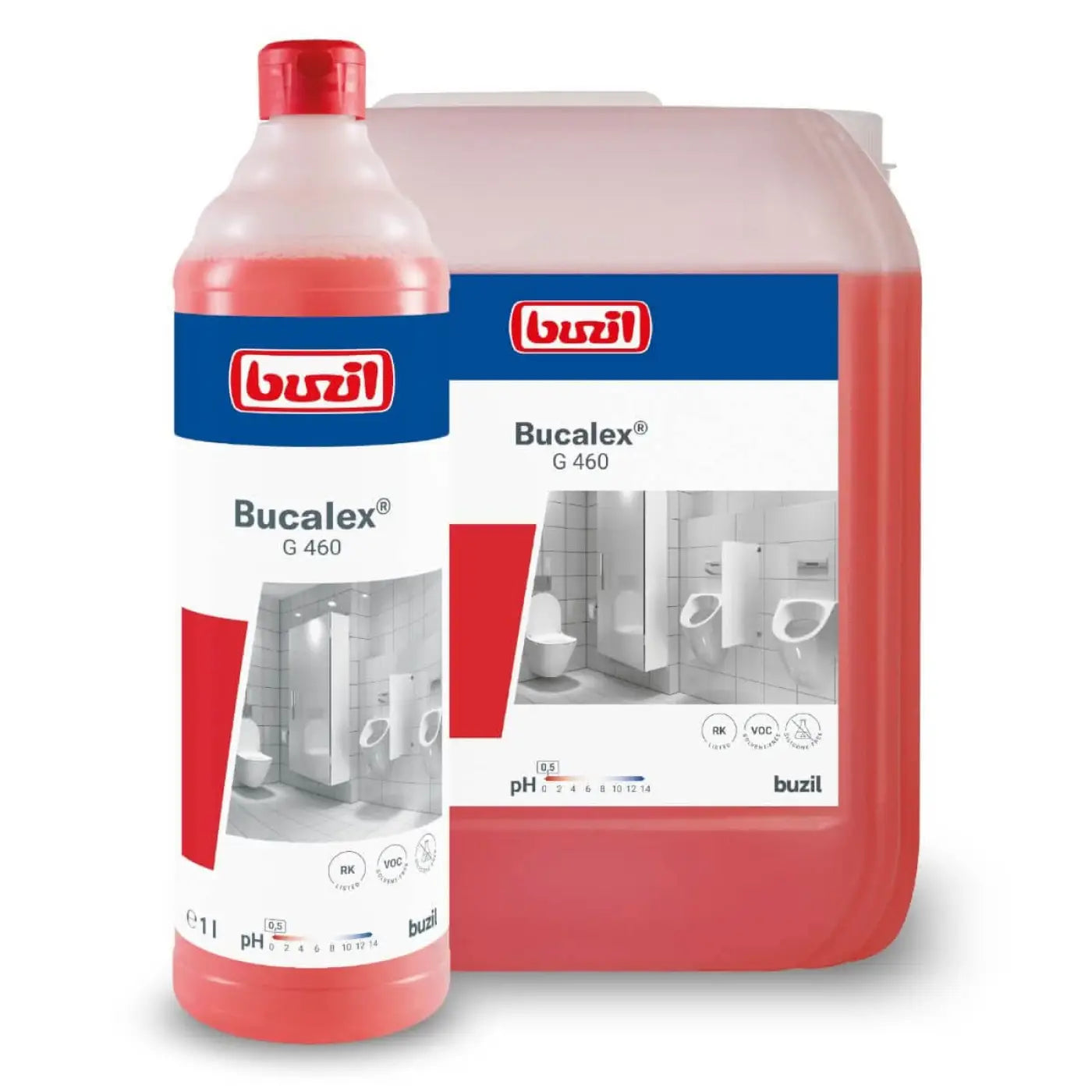 Rote plastikflasche und kanister mit blau weißen etiketten des buzil bucalex g460 sanitärgrundreinigers 10l