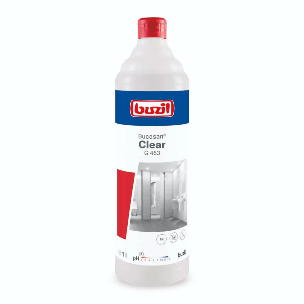 Weiße kunststoffflasche mit rotem deckel und blauem etikett von buzil mit bucasan clear g 463 sanitärreiniger 1l