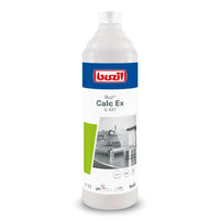 Weiße kunststoffflasche buzil buz calc ex g437 universal-entskalker mit blauer und grüner etikettierung 1 liter