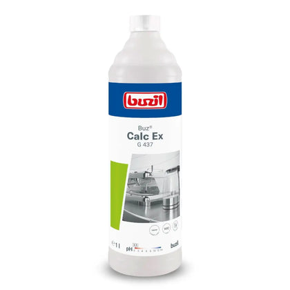 Weiße kunststoffflasche buzil buz calc ex g437 universal-entskalker mit blauer und grüner etikettierung 1 liter