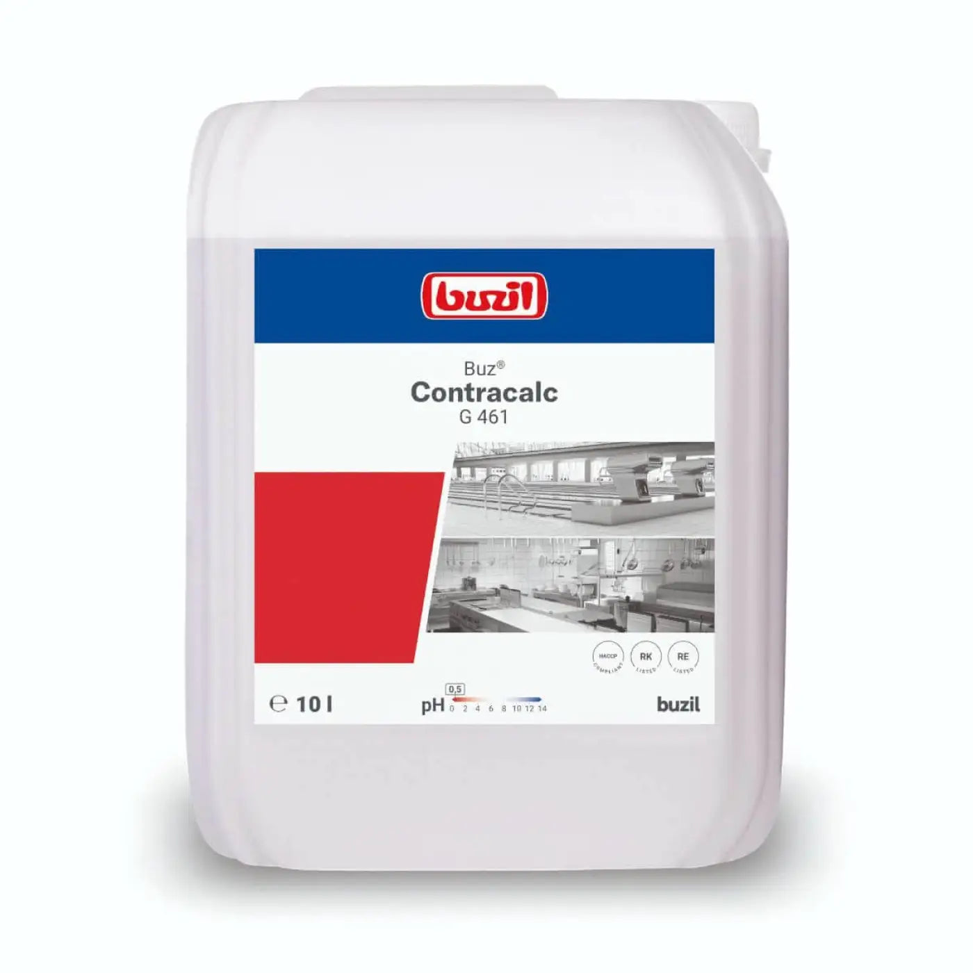Weißer kunststoffbehälter mit blauem und rotem label von buzil kontracalc g 461 saures grundreinigerprodukt für die industrie