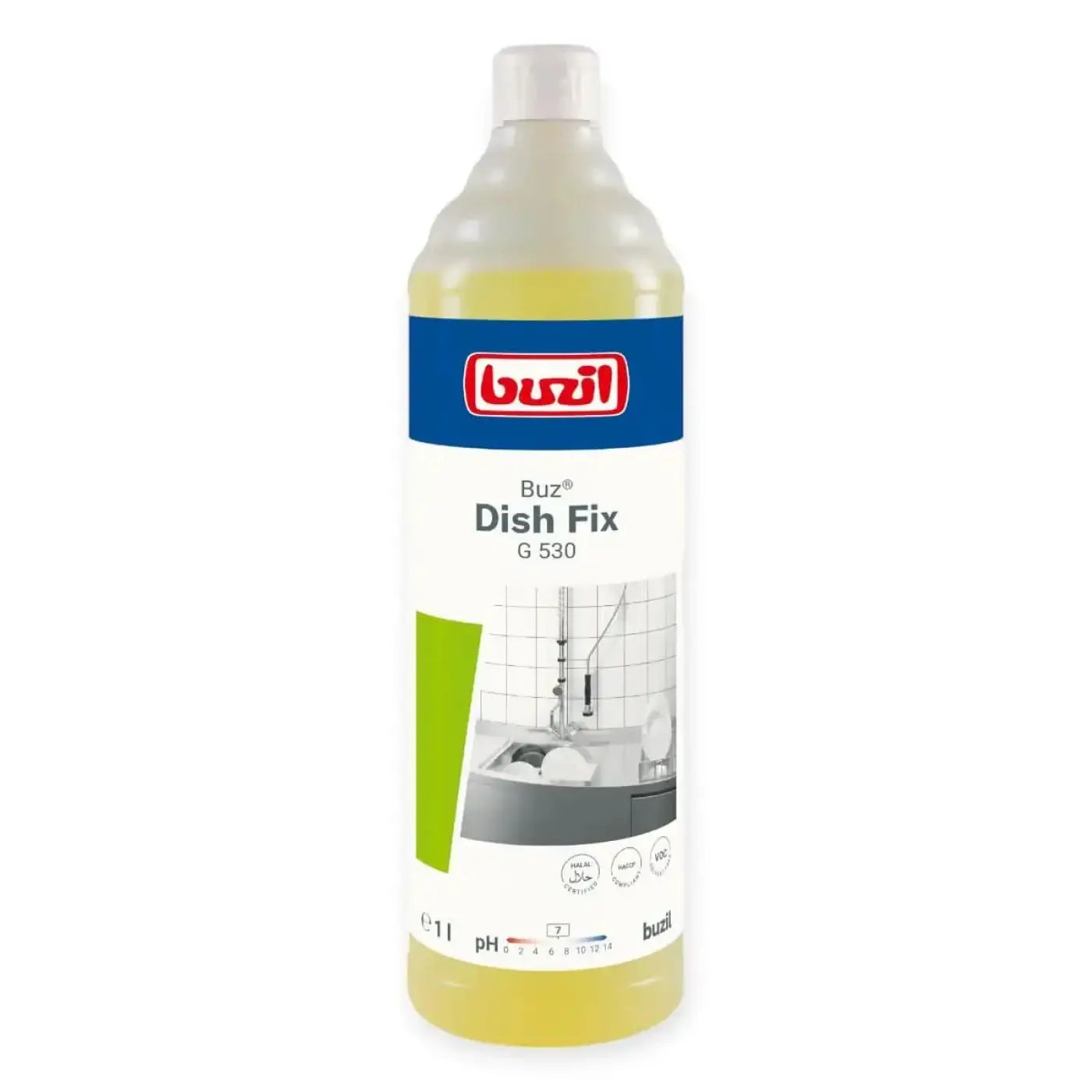 A clear plastic bottle of buzil buz dish fix g530 spülmittel with yellow liquid and a blue and white label