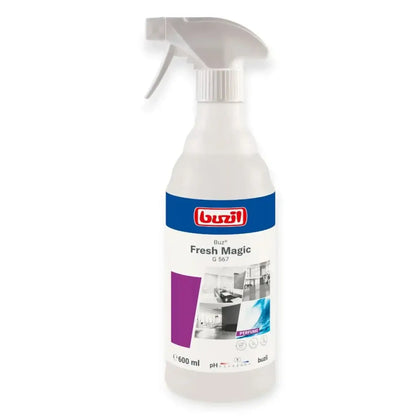 Weiße plastik-sprühflasche mit blau-weißem buzi-etikett und fresh magic g 567 aktiv-geruchsblocker reinigungslösung 600ml