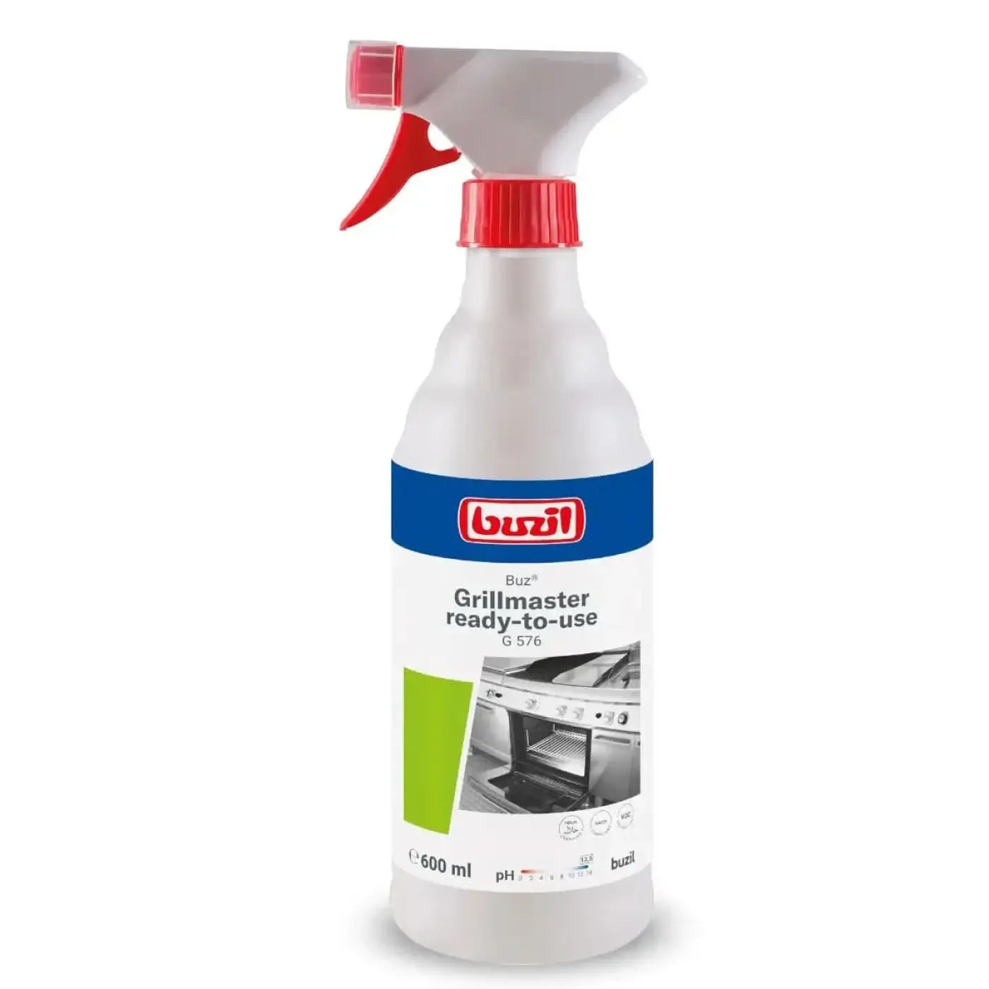 Weiße kunststoff-sprühflasche mit rotem trigger und deckel buzil buz grillmaster g576 grill- und backofenreiniger 600ml