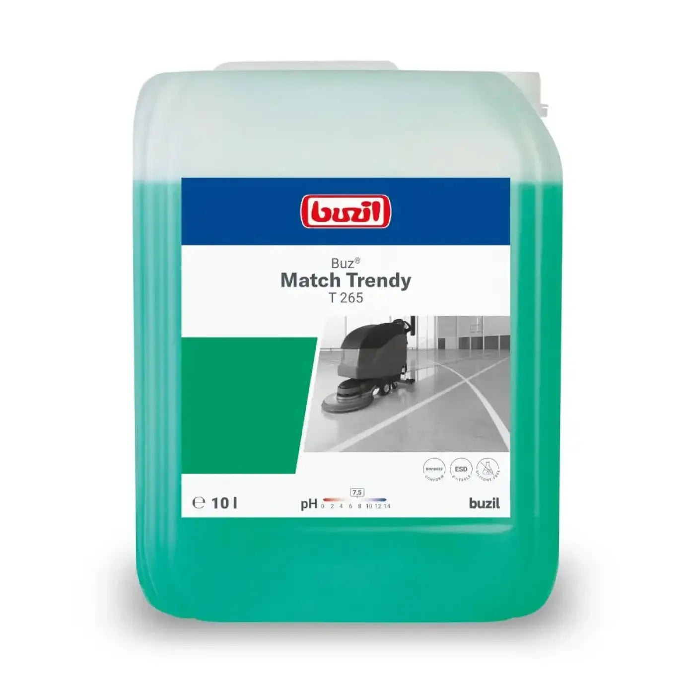 Ein 10-liter container buzil buz match trendy t265 automatenreiniger mit grünem reinigungslösung und blaß weiß grün etikett