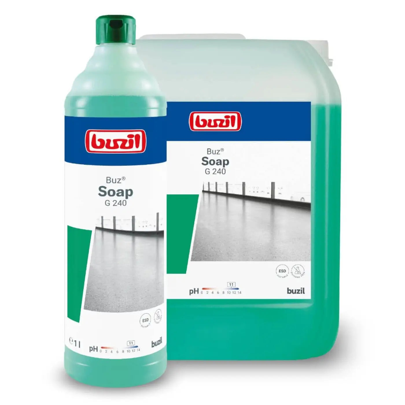 Buzil buz soap g240 seifenreiniger 1l in grüner flüssigseife im durchsichtigem flasche und größerem behälter mit blau weißen etiketten