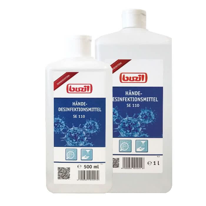 Zwei transparente plastikflaschen buzil händedesinfektion se110 d110 mit blauen etiketten und virusillustrationen in 500 ml und 1 liter