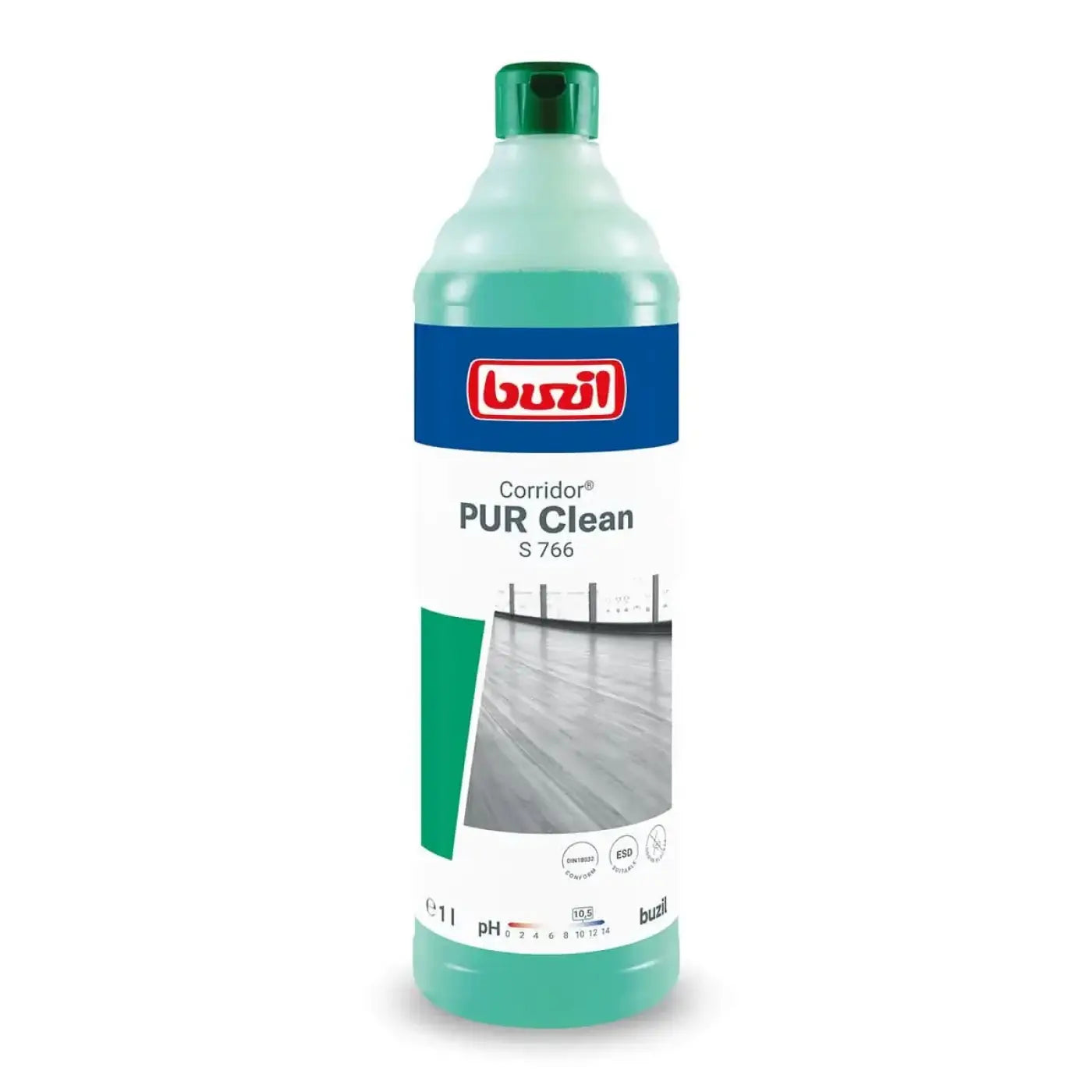 Ein durchscheinende türkisfarbene kunststoffflasche mit grünem deckel und beschriftung corridor pur clean s 766 von buzil