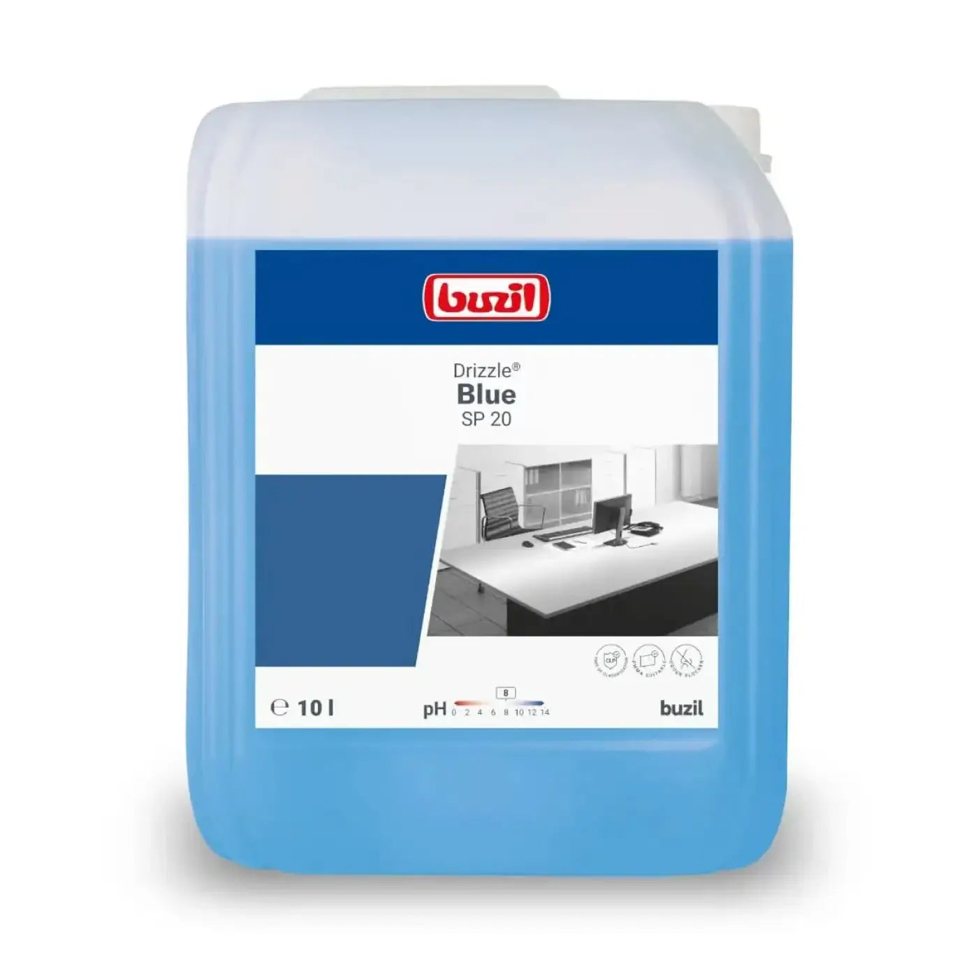 Ein 10-liter container buzil drizzle blue sp 20 universal sprühreiniger mit blauer flüssigkeit und weißem kunststoffgehäuse