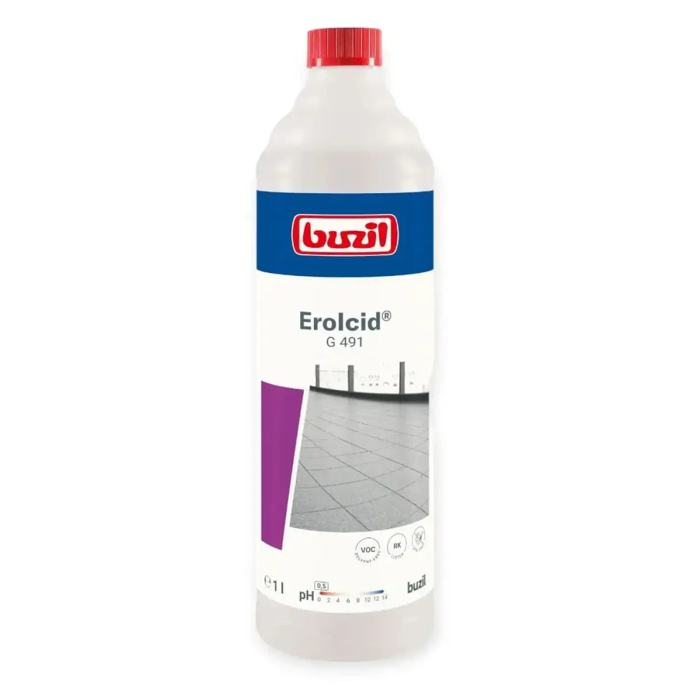 Weiße plastikflasche mit rotem deckel und blauem etikett von buzil erolcid g491 sauerer feinsteinzeugreiniger 1l zur bodenreinigung