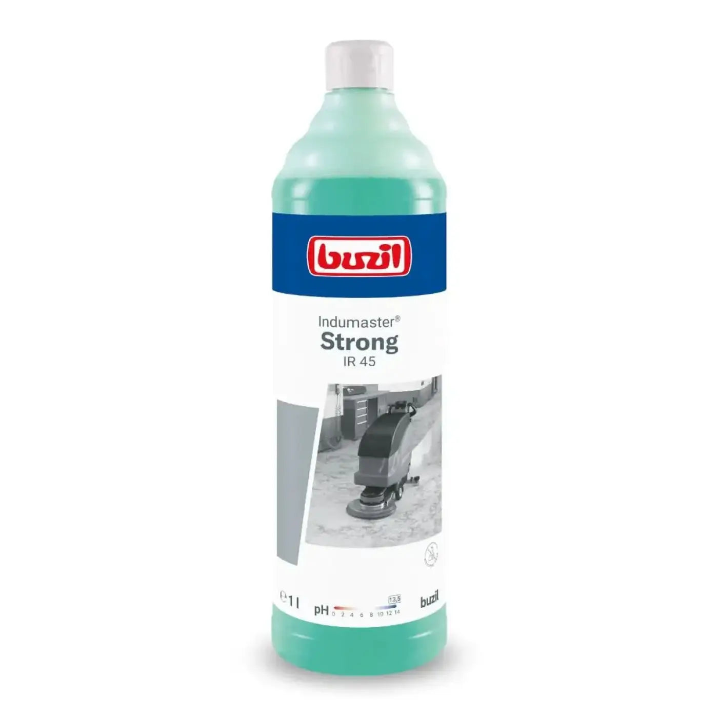 Eine durchscheinend türkisblaue flasche mit weißem verschluss und blauem etikett, gebrandet als buzil indumaster strong ir 45 hochalkalischer industriereiniger 1l