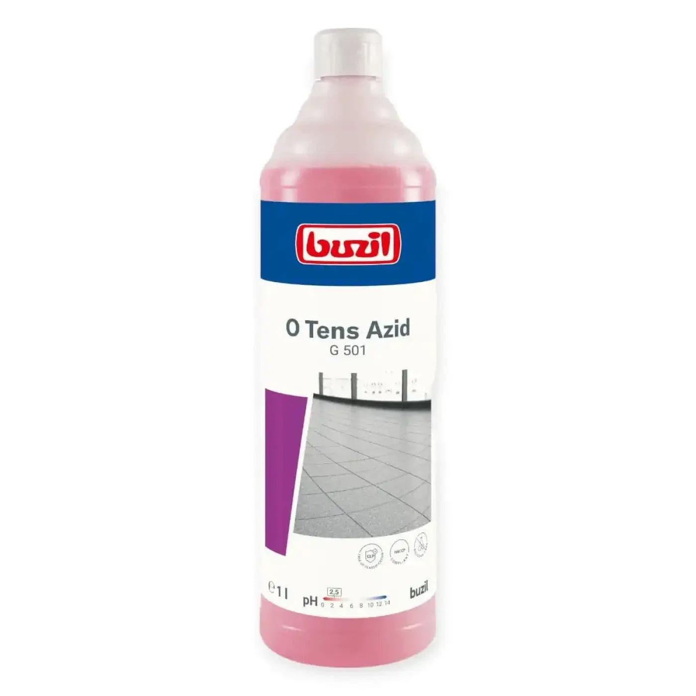 Buzil o tens azid g501 pinke tensidfreie reinigungslösung in transparenter flasche mit blau-weißem etikett von alfa