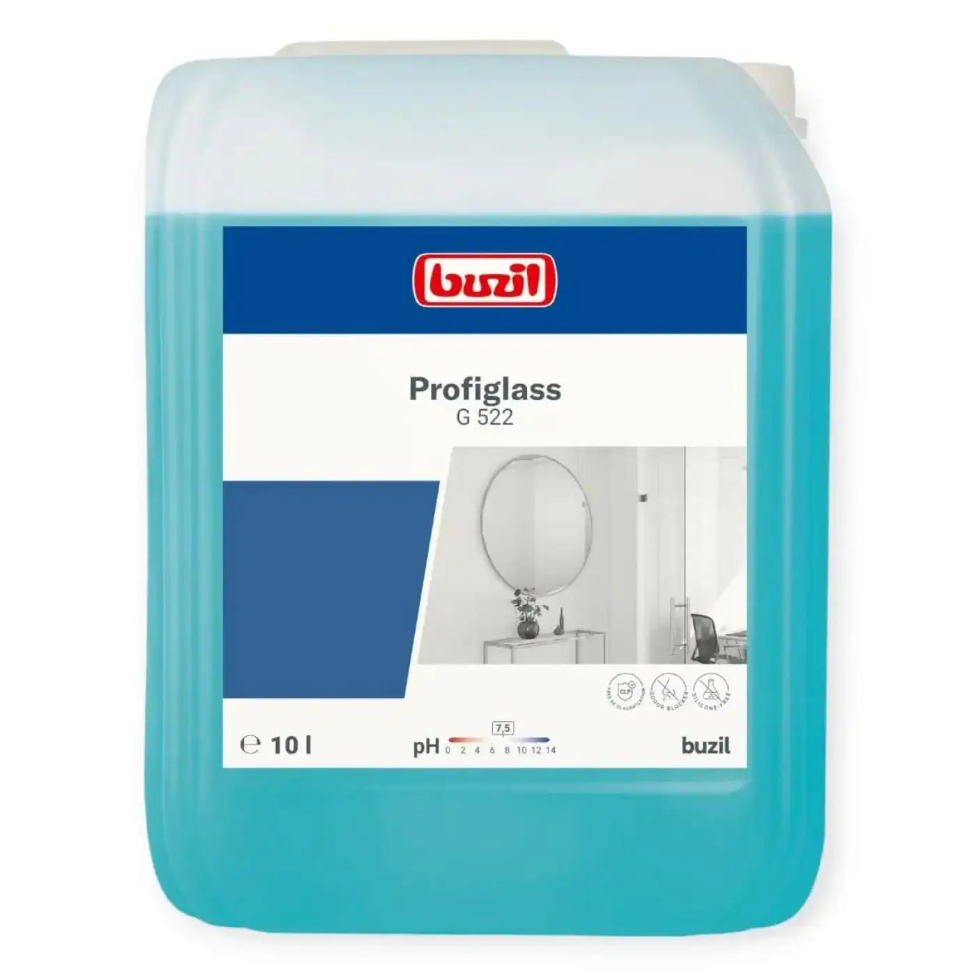 Ein 10-liter container buzil profiglass g522 glasreiniger mit transluzent türkisfarbener flüssigkeit und weißem etikett