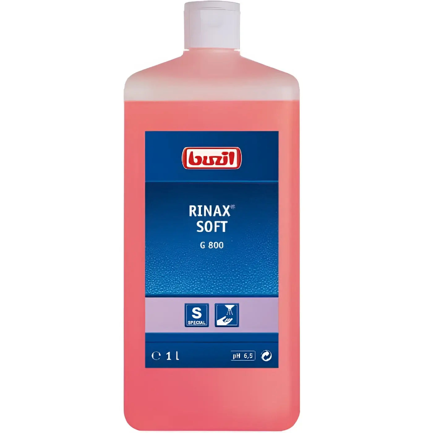 Pinkfarbene handwaschlotion rinax soft g 800 in durchsichtiger plastikflasche mit weißem verschluss und blauem etiket