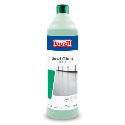 Eine durchsichtige grüne flasche suwi glanz g210 bodenreiniger mit grünem deckel und weißem etikett von atika