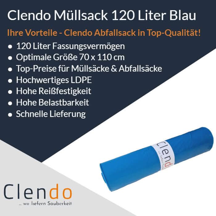Blauer müllsack premium clendo 120 liter aus hochwertigem ldpe material für den mülleinsatz