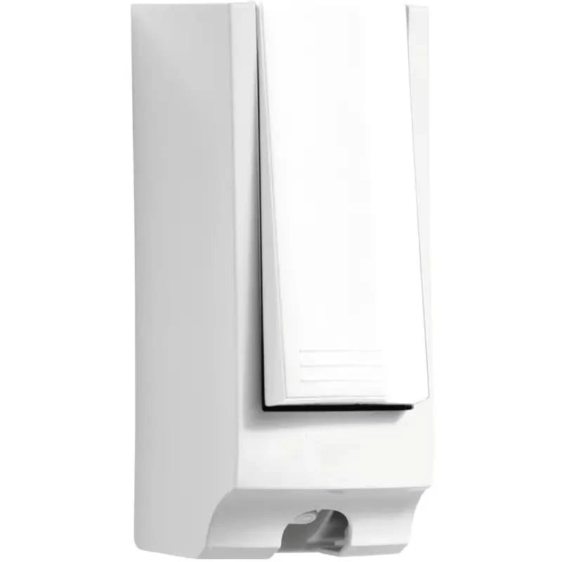 Weißer kunststoff wandmontierter lichtschalter mit minimalistischem design und feinen horizontalen rillen am schalter für spender für toilettenreinigungsflüssigkeit