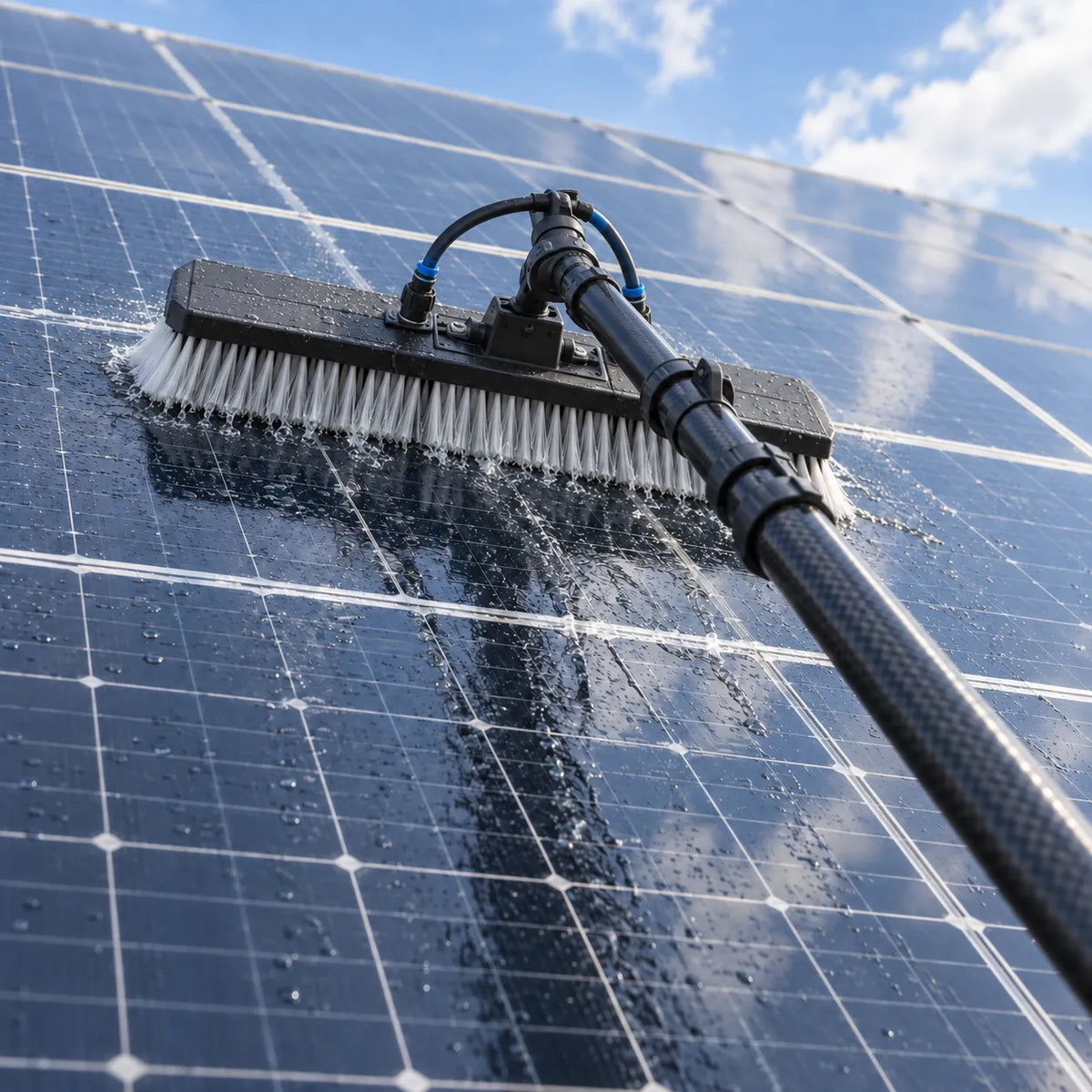 Brosse à eau pure avec tuyaux raccordés nettoyant des panneaux solaires.