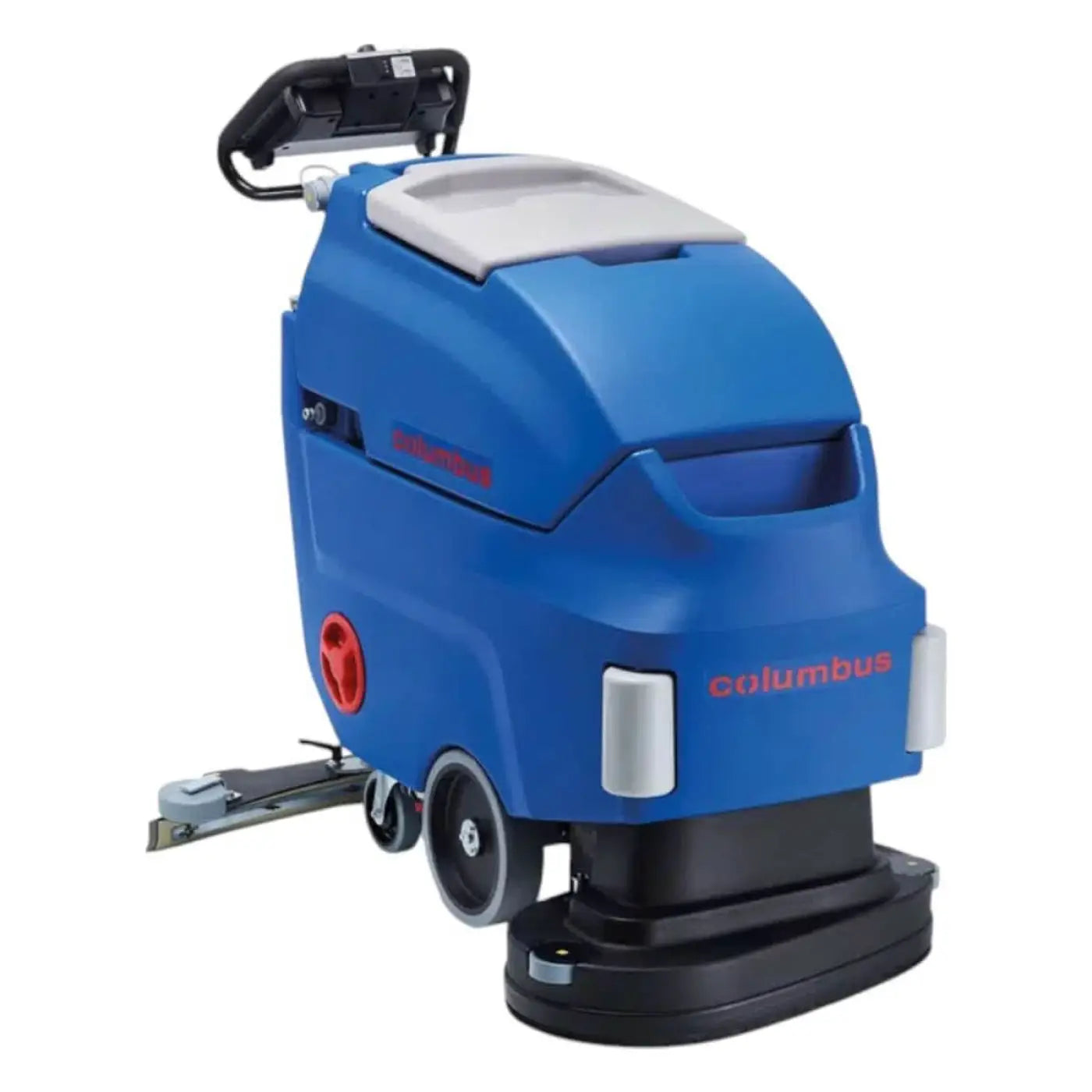 Blauer columbus ra 66 bm 60 scheuersaugmaschine mit grauem oberteil und schwarzen rädern sichtbar von hinten