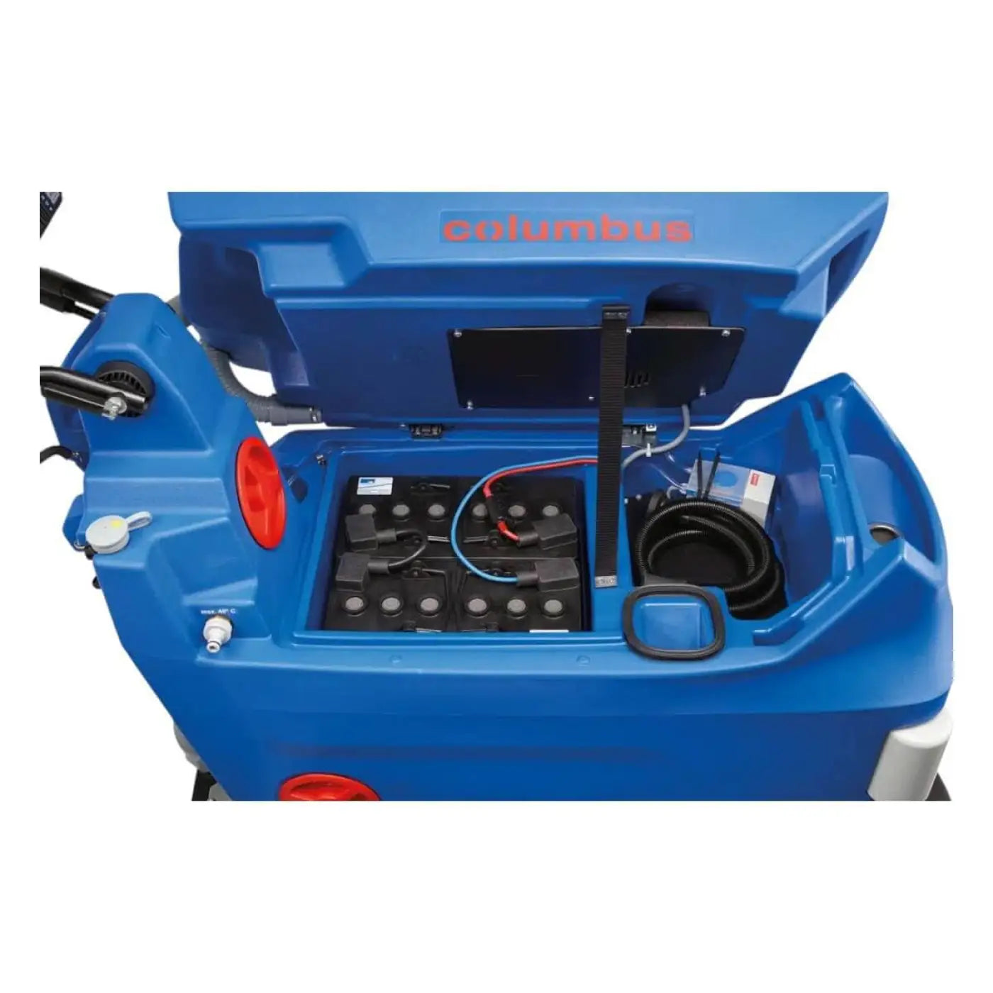 Blauer columbus utilitywagen mit offenem deckel zeigt internes batterie-system und schwarze aufgerollte schläuche bei scheuersaugmaschine columbus ra 66 bm 60