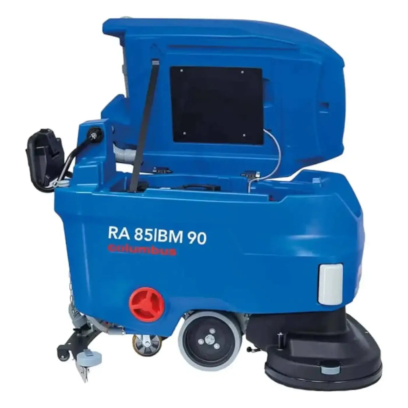 Blauer columbus ra 85 bm 90 scheuersaugmaschine mit schwarzen rädern und rotem griff von hinten sichtbar