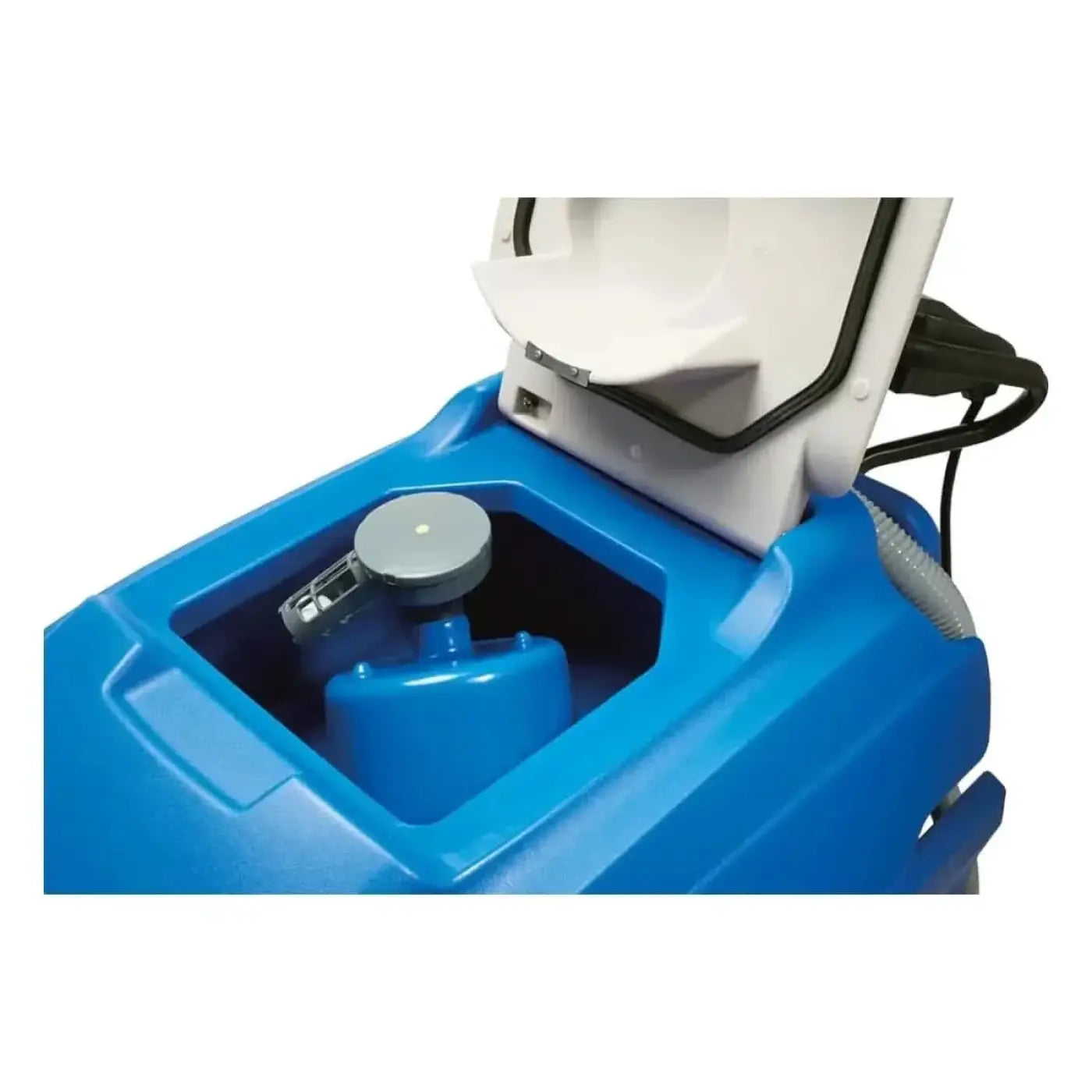 Blaues plastik scheuersaugmaschine columbus ra 85 bm 90 mit weißem deckel und grauen komponenten innen