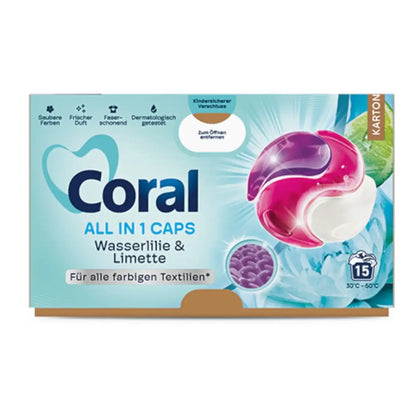 Lessive CORAL Tout-en-1 Capsules Nénuphar & Citron vert 15 lavages