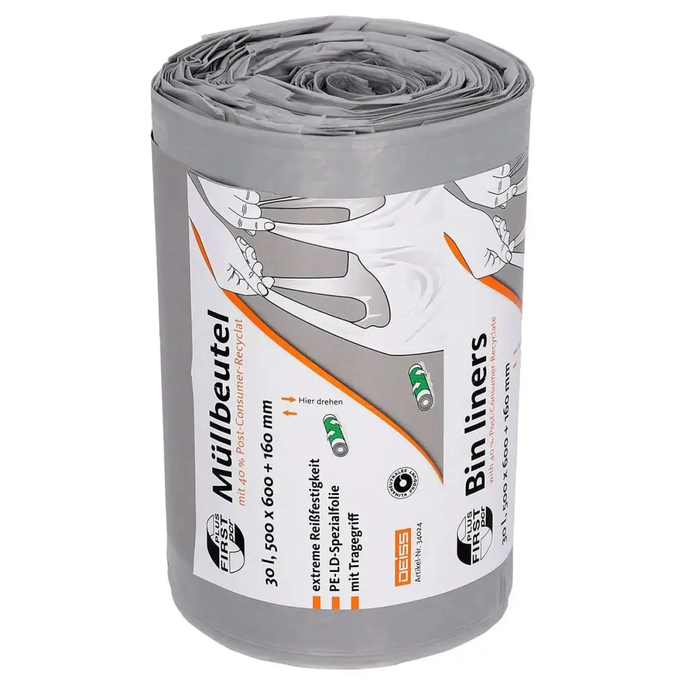 Graue pe-ld plastik müllbeutel mit tragegriff 30 liter von deiss first plus mit handillustrationen auf etikett