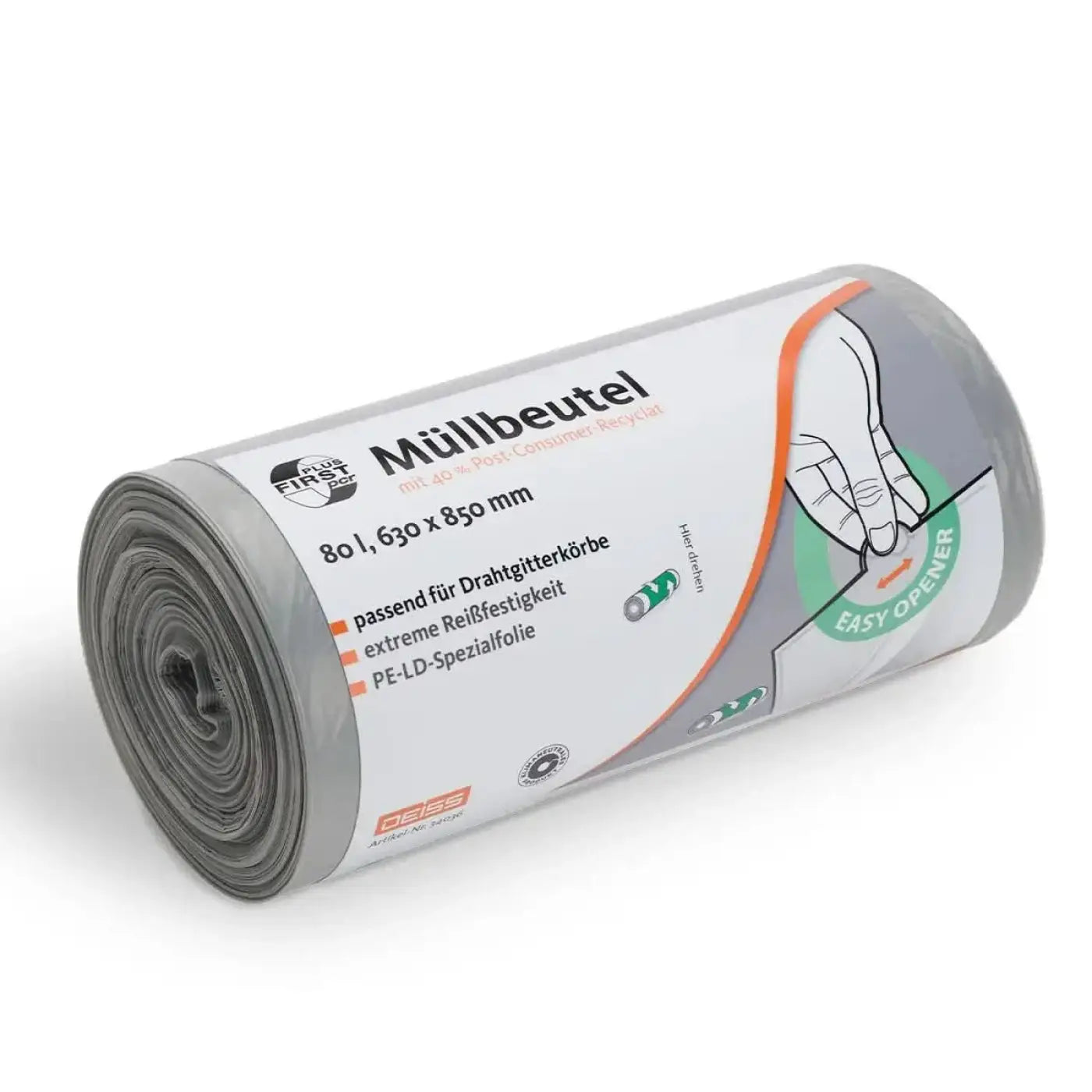 Grauer deiss first plus pcr müllbeutel 80 liter mit weiß orange etikett passend für drahtgitterkörbe