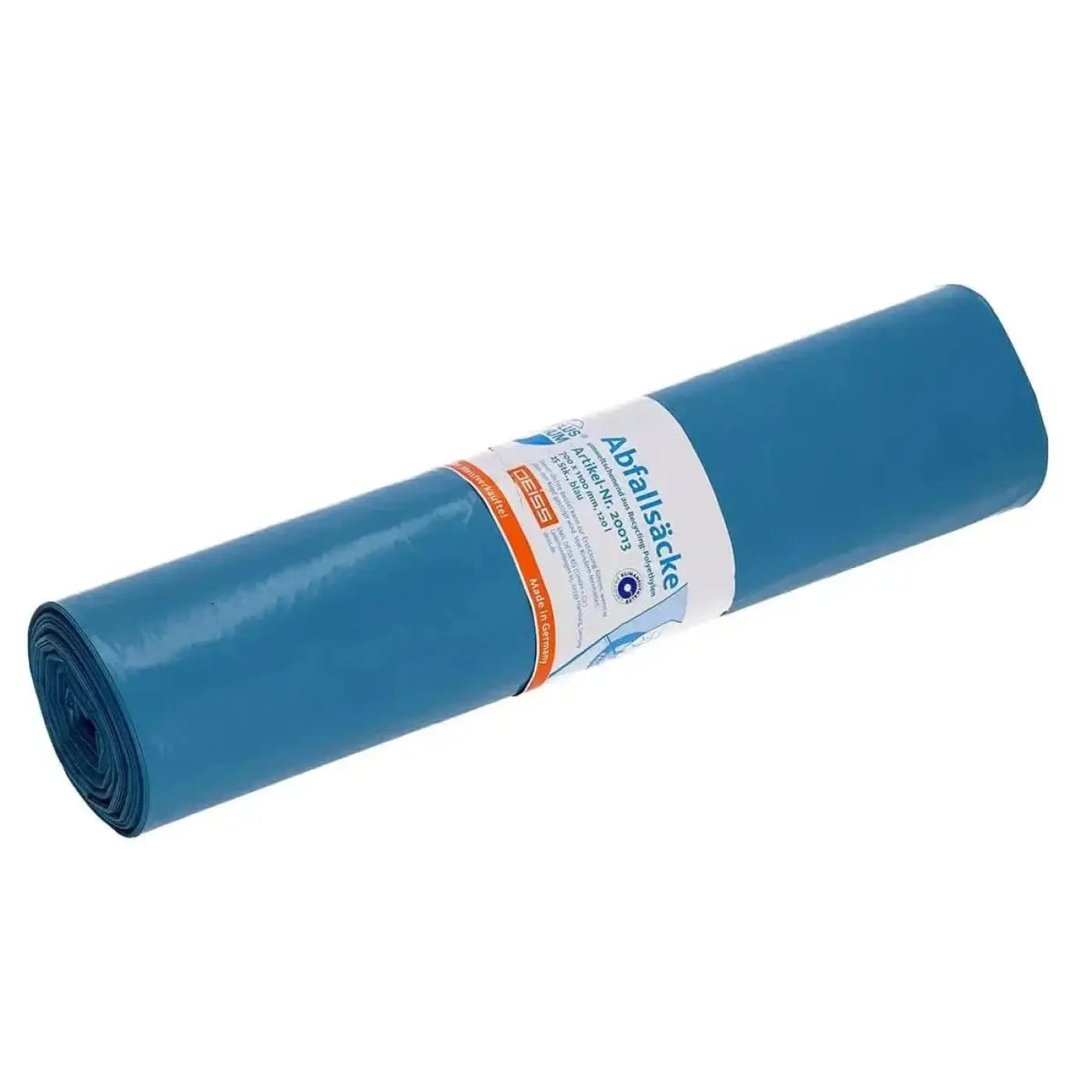 Deiss müllsäcke blau 120 liter typ 60 mit weiß-orangefarbener etikette aus kunststoff für abfallentsorgung