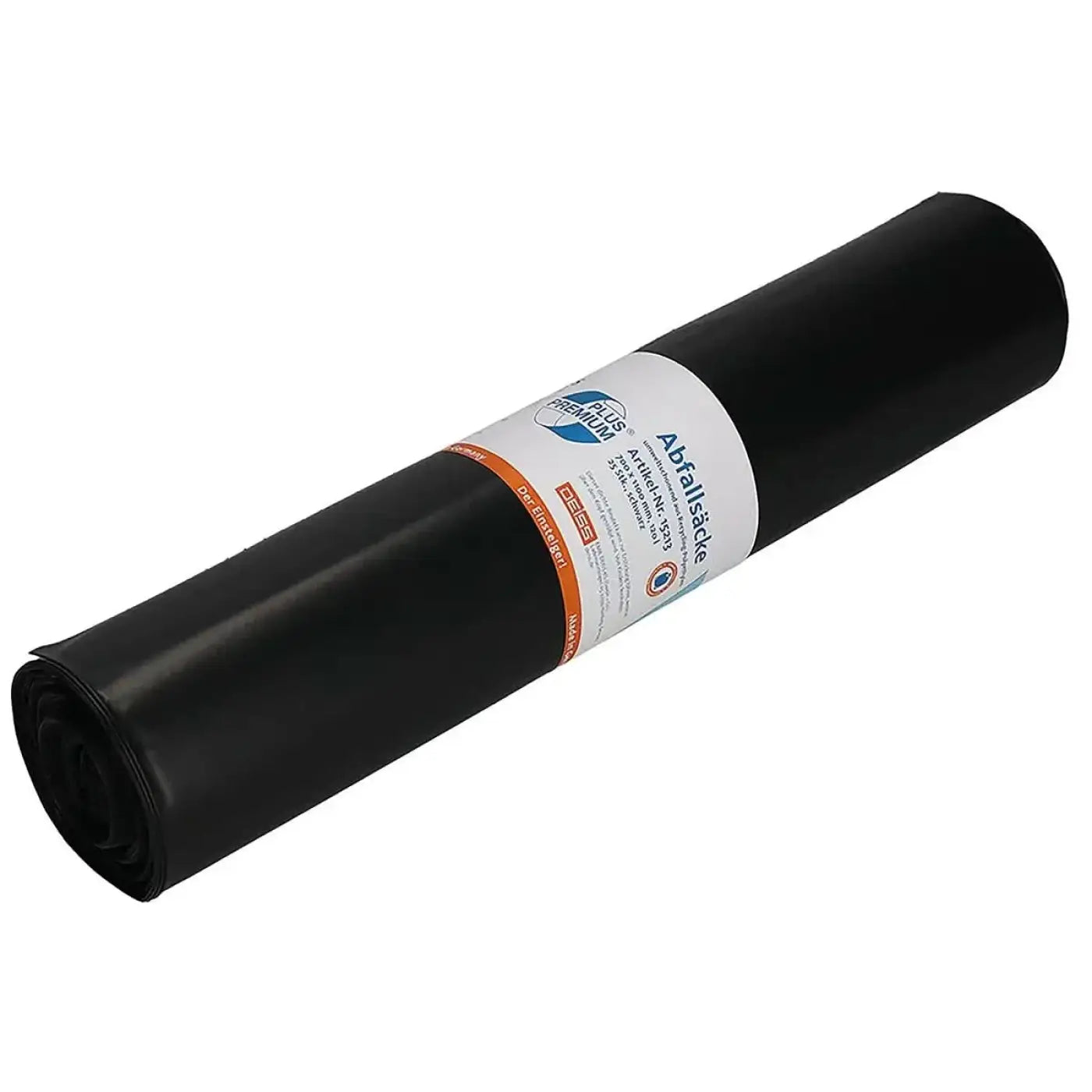 Deiss premium plus müllsäcke 120 liter typ 60 schwarz aus robustem plastik mit weißem etikett und orangen akzenten