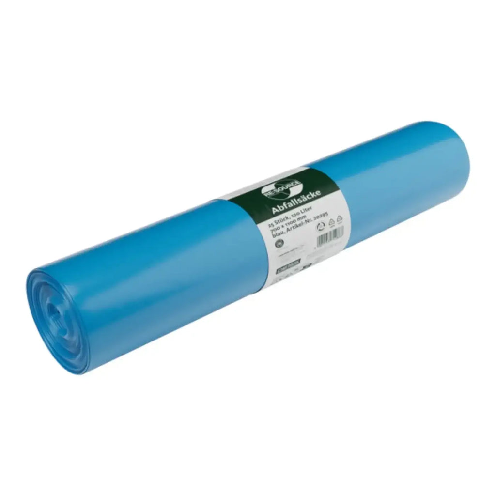 Ein roll bright blue plastik müllsäcke 120 liter von ecopack mit grün weißem label und marke deiss re source