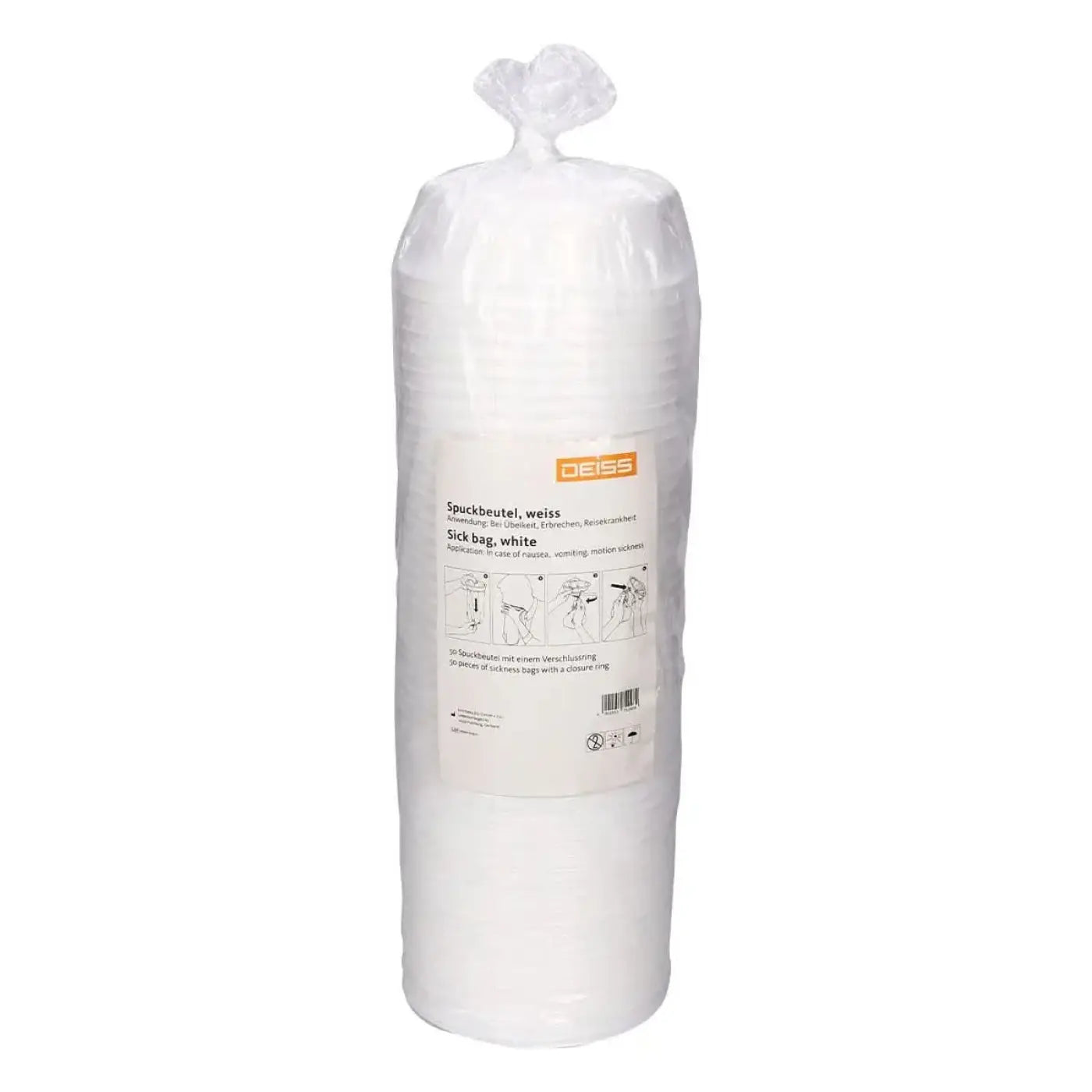 Deiss spuckbeutel mit mundstück ldpe 50 stück weiß in transparenter verpackung mit orange-schwarzem etikett