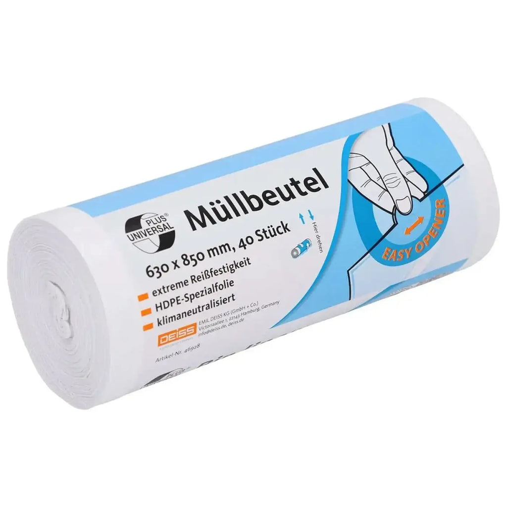 A roll of white deiss universal plus hdpe trash bags 80 liters with a light blue and white label for wire mesh baskets