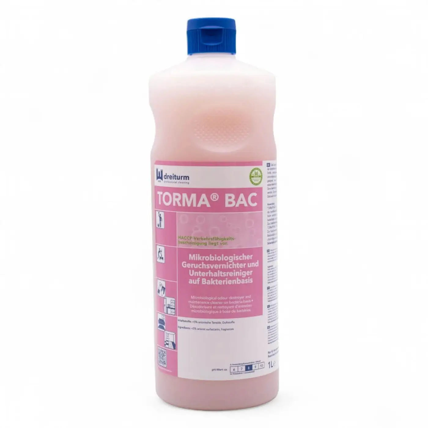 Rosa flüssiges reinigungsmittel in 1 liter flasche mit blauem verschluss und torma® bac etikett von dreiturm