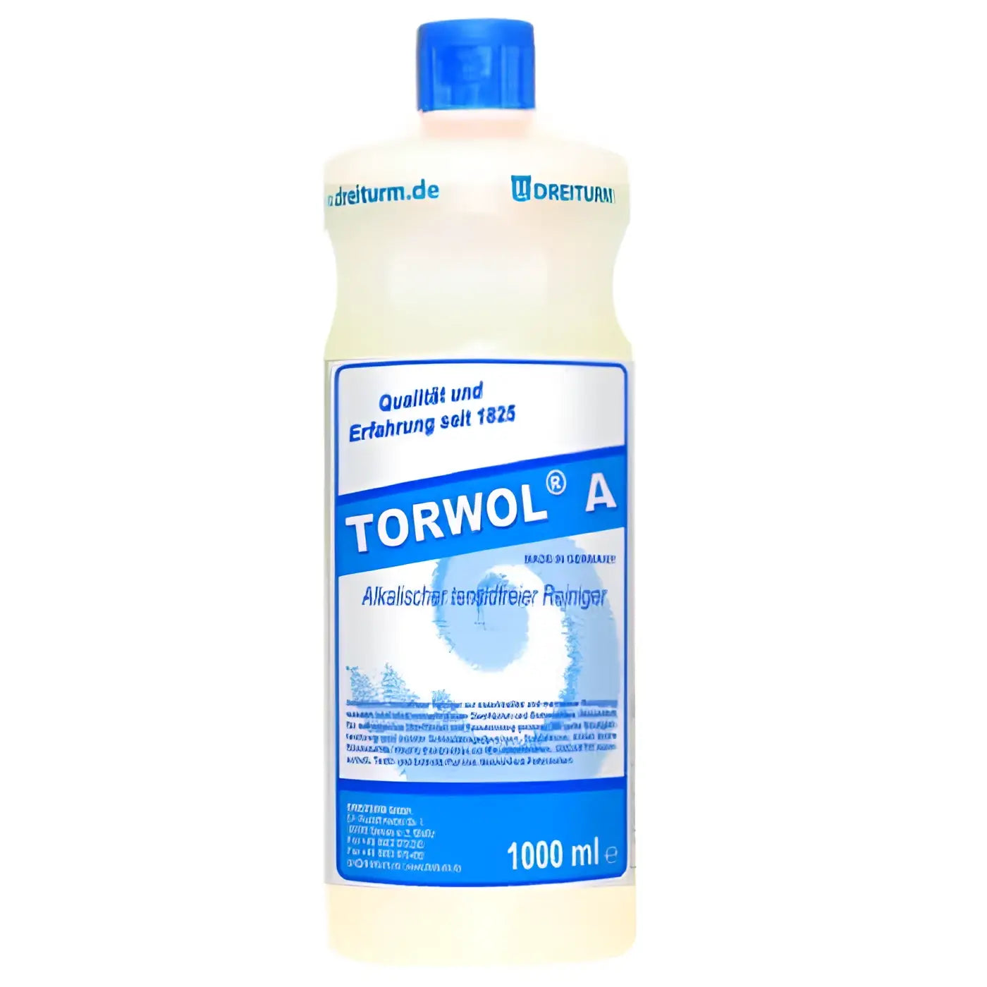 Eine klare kunststoffflasche mit blauem deckel und etikett enthält 1000 ml dreiturm torwol a tensidfreier alkalischer reiniger