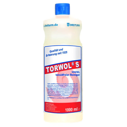 Weiße plastikflasche mit blauem deckel und rot weißem etikett der marke torwols für dreiturm tensidfreien sauren reiniger 1l