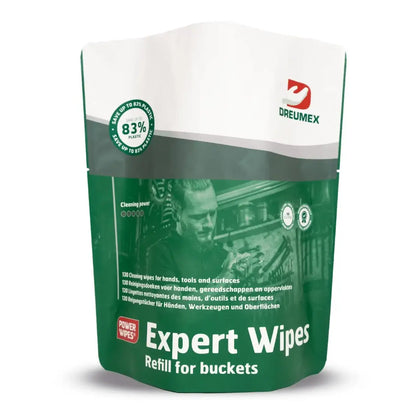Grün-weißes wiederverschließbares nachfüllpack dreumex expert wipes reinigungstücher für hände und haut 130 stück